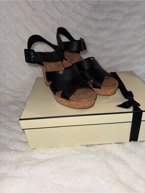 TOMS Black Leather Cork Wedge Sandals Ankle Strap Women’s